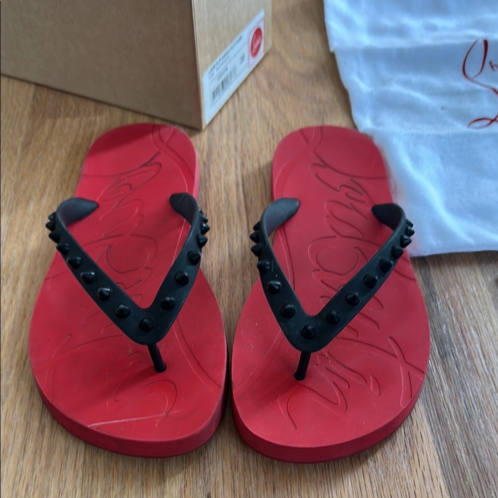 Christian Louboutin Red Flip Flops with Black Studded Straps size 38
